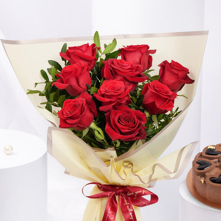 Romantic Red Rose Bouquet with Decadent Chocolate Cake - Perfect Gift for Loved Ones