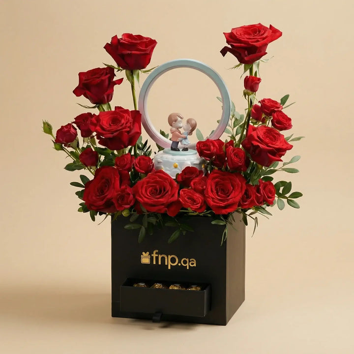 صندوق هدايا الورود الحمراء الرومانسي مع مصباح LED وشوكولاتة