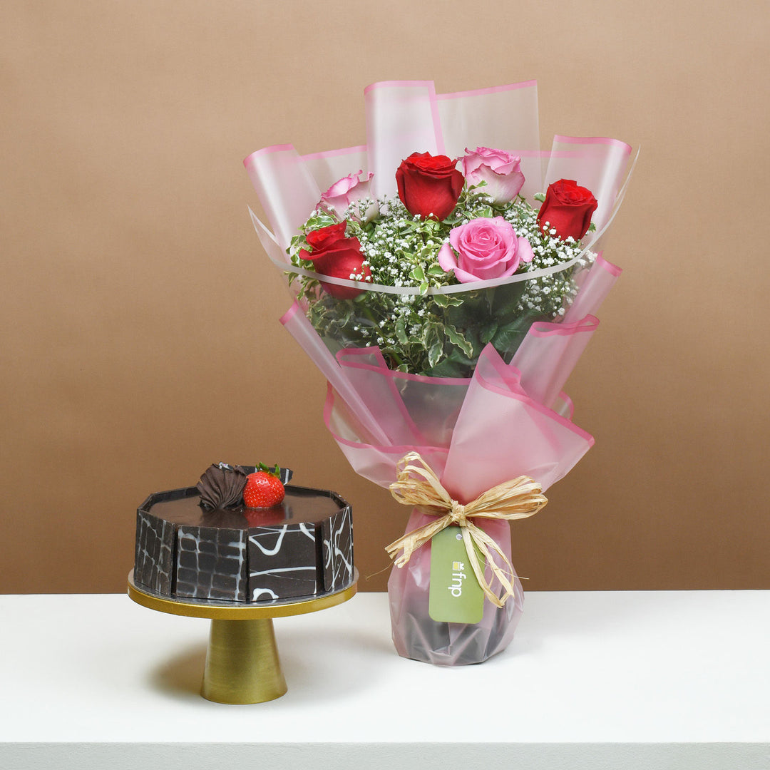 Enchanting Red and Pink Roses Bouquet with Decadent Chocolate Cake