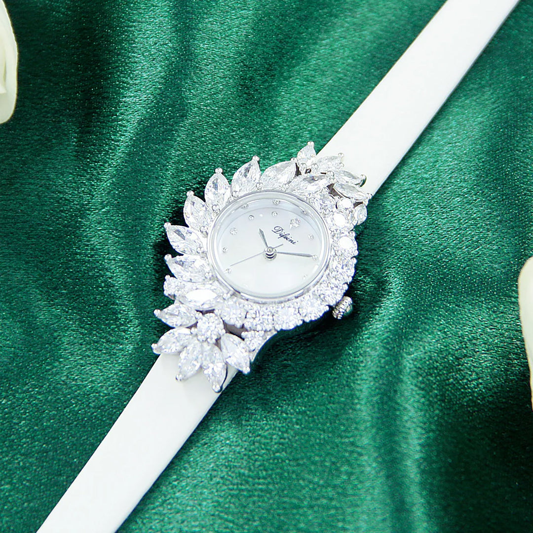 Difeini Luxury Lady Quartz Watch with Crystal-Embellished Dial and Genuine Leather Strap