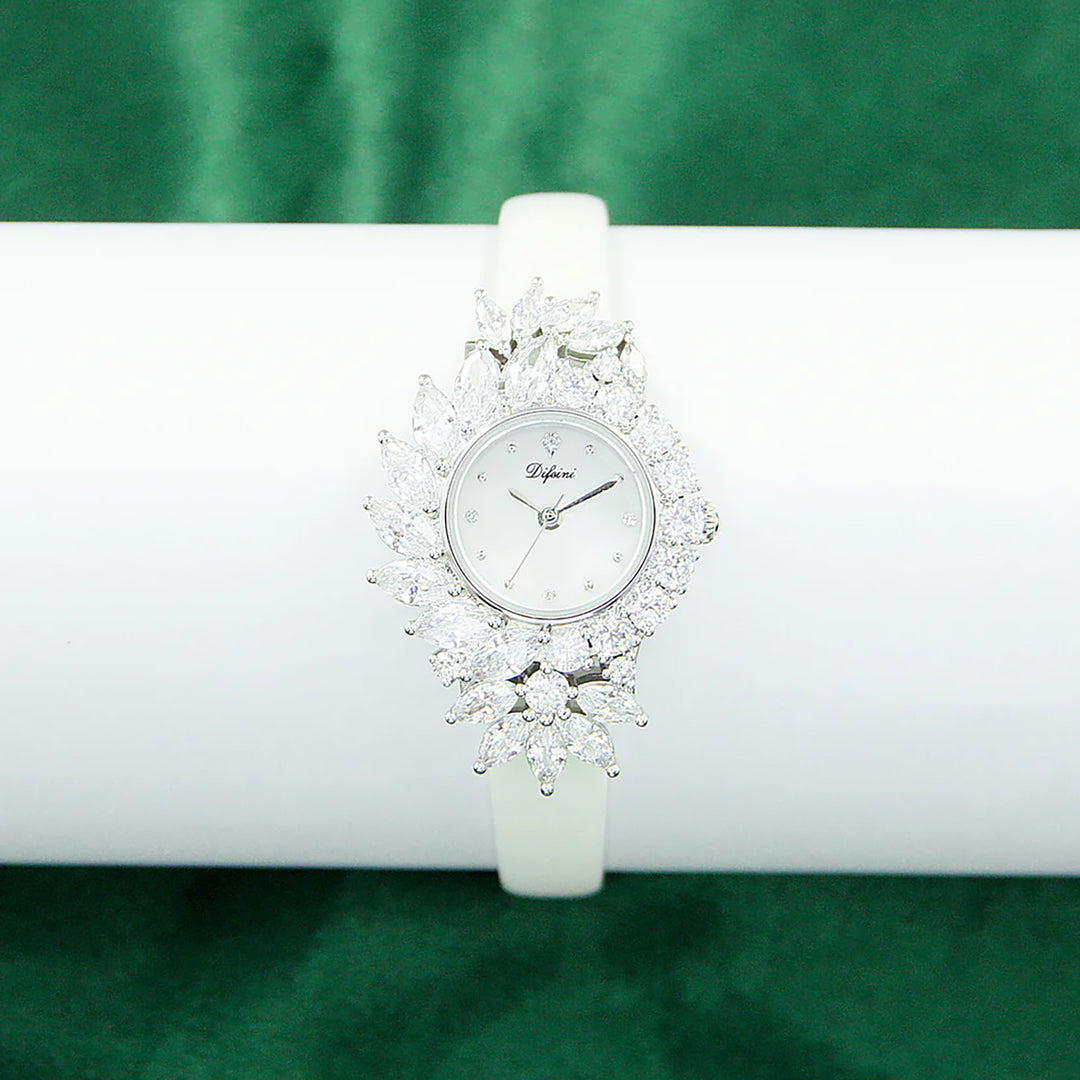 Difeini Luxury Lady Quartz Watch with Crystal-Embellished Dial and Genuine Leather Strap