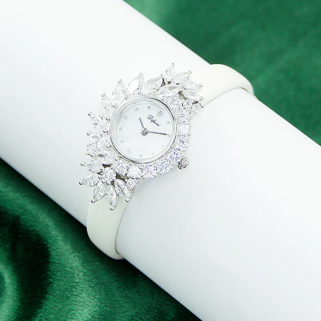 Difeini Luxury Lady Quartz Watch with Crystal-Embellished Dial and Genuine Leather Strap