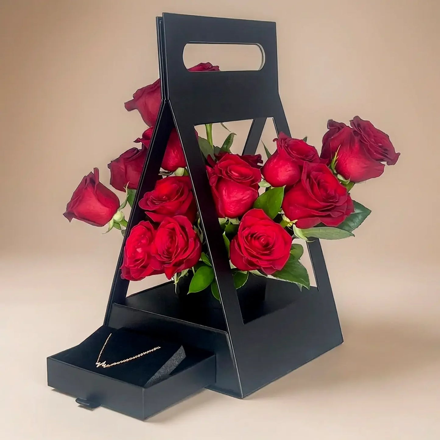 Midnight Romance Rose Box with Heartbeat Crystal Necklace