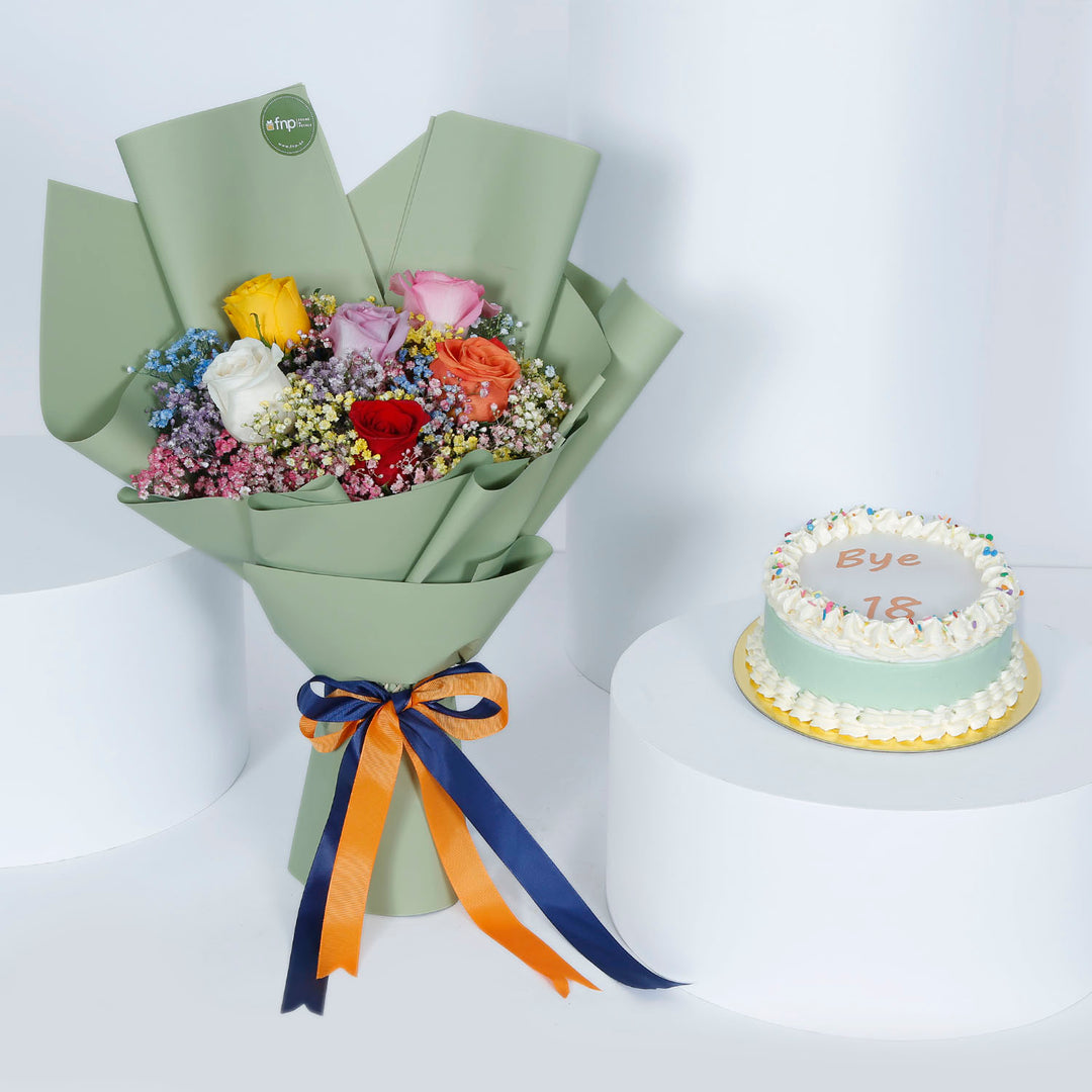 Exquisite Chocolate Birthday Cake with Vibrant Rose Bouquet