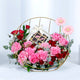 Elegant Metal Stand Arrangement with Mixed Flowers and Gourmet Chocolates