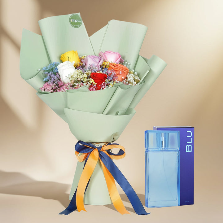 Mixed Roses Bouquet With Blu Eau De Perfume