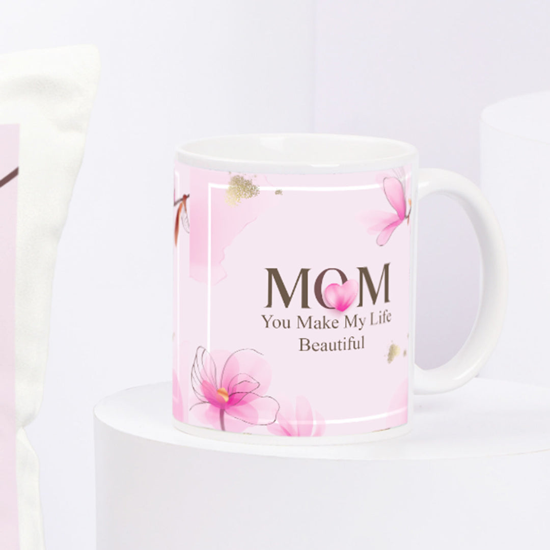 أمي: أنت تجعلين حياتي جميلة - طقم وسادة وكوب