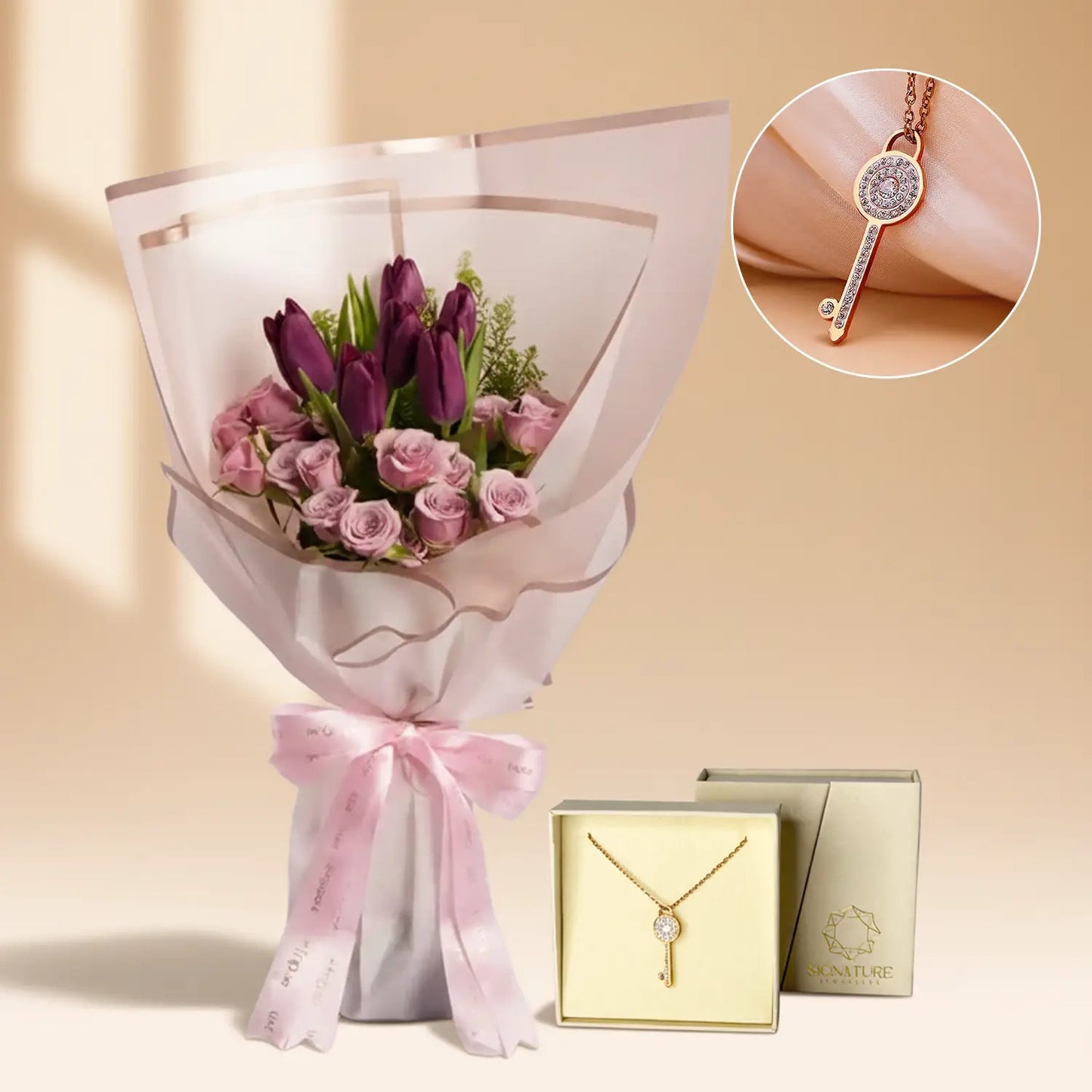 هدية تذكارية راقية للأم: توليب بنفسجي وقلادة ذهبية
