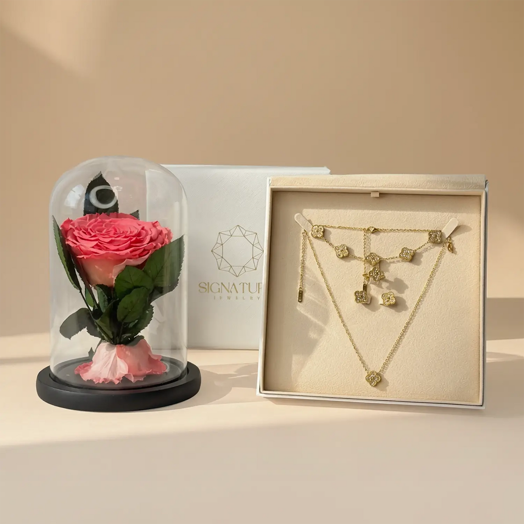 هدية تذكار قلب الأم: وردة أبدية ومجموعة مجوهرات الزهرة الذهبية