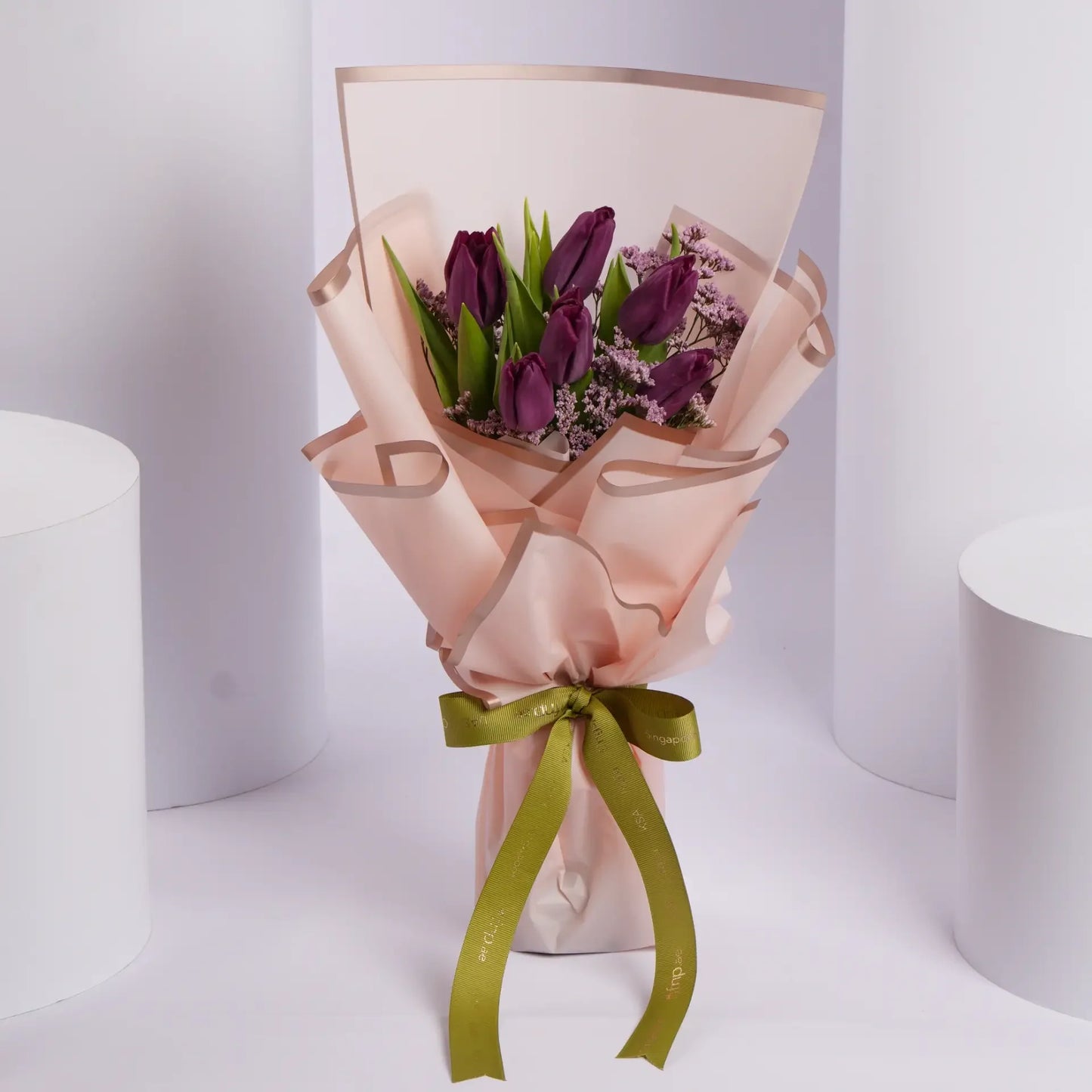 Elegant Mother's Day Bouquet: Purple Tulips & Pink Limonium