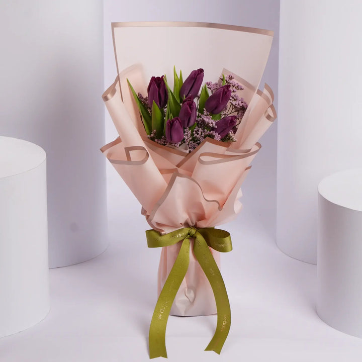 Elegant Mother's Day Bouquet: Purple Tulips & Pink Limonium