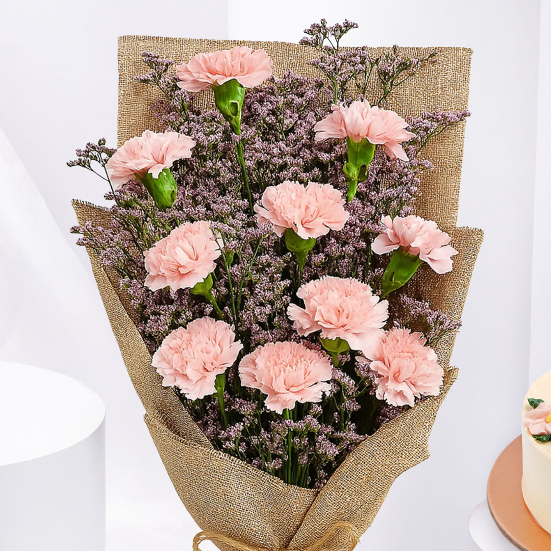 Exquisite Pink Carnation Bouquet & Chocolate Cake for Mom