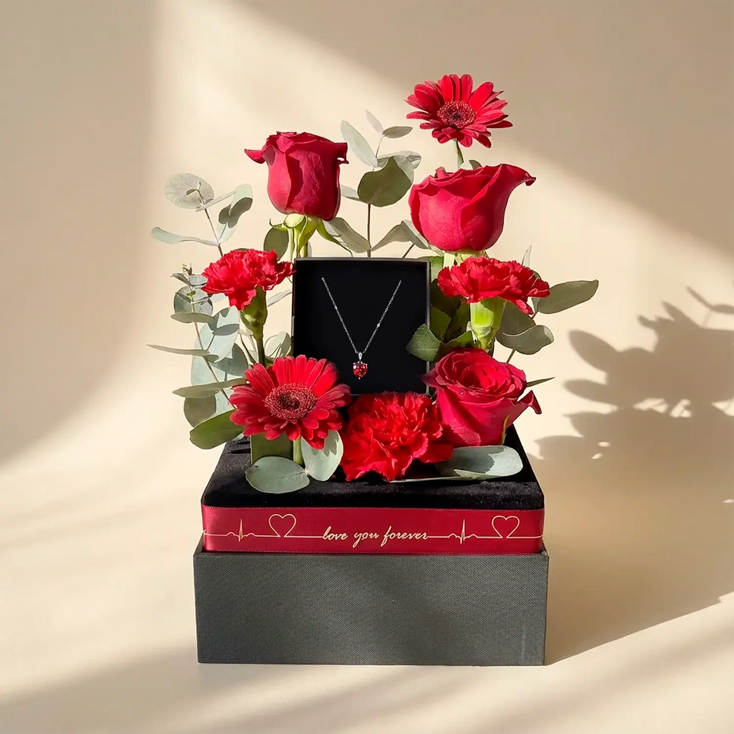 Eternal Love Bouquet with Red Crystal Heart Necklace