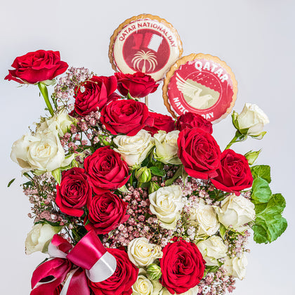 Elegant National Day Baby Roses & Cookies Arrangement