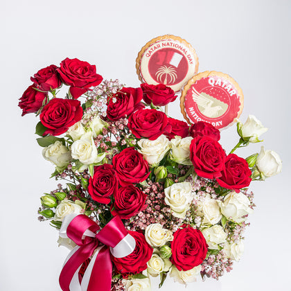 Elegant National Day Baby Roses & Cookies Arrangement