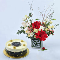 Celebrate New Year 2025 with Elegant Flower Vase & Decadent Chocolate Cake