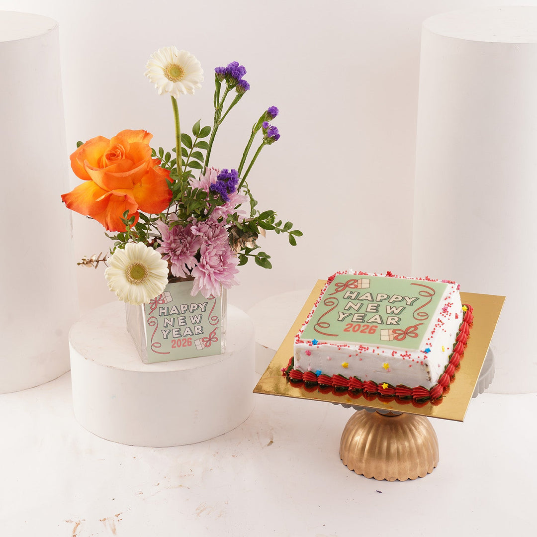 Festive New Year Celebration Combo: Flowers & Cake