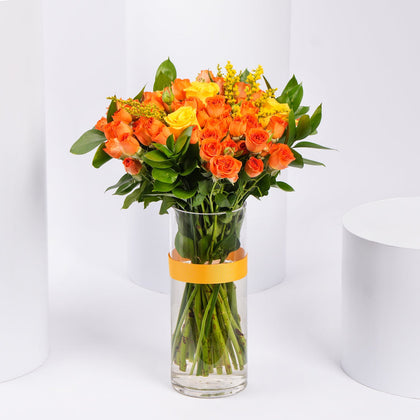 Orange and Yellow Roses Vase Arrangement