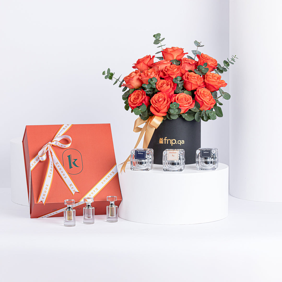 مجموعة هدايا كينوز الفاخرة مع 15 وردة برتقالية وروائح عطرة