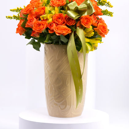 Otantik Home -Medium Decorative Vase - Ivory & Gold- Orange Roses