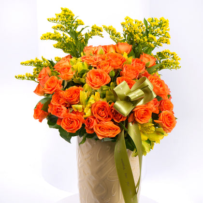 Otantik Home -Medium Decorative Vase - Ivory & Gold- Orange Roses