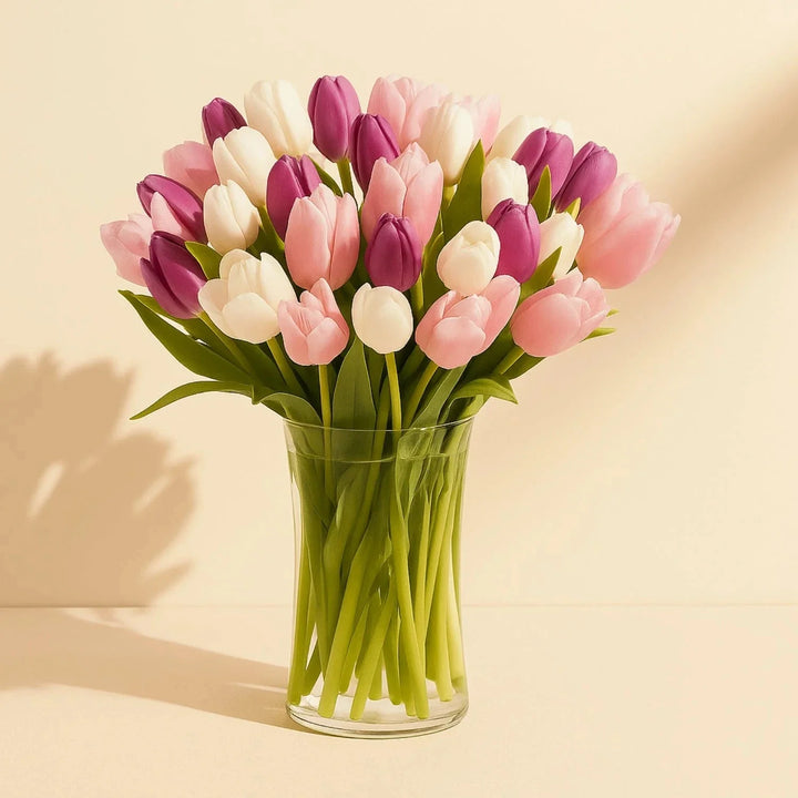 Painted Skies Tulip Bouquet in Elegant Glass Vase