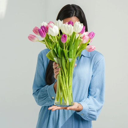 Painted Skies Tulip Bouquet in Elegant Glass Vase