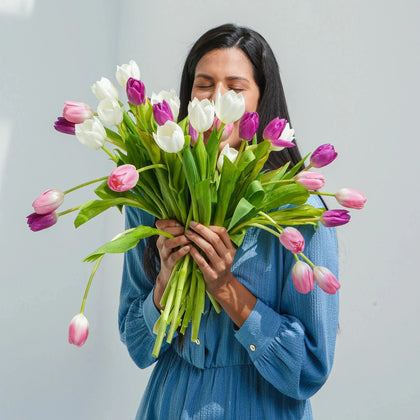 Painted Skies Tulip Bouquet in Elegant Glass Vase