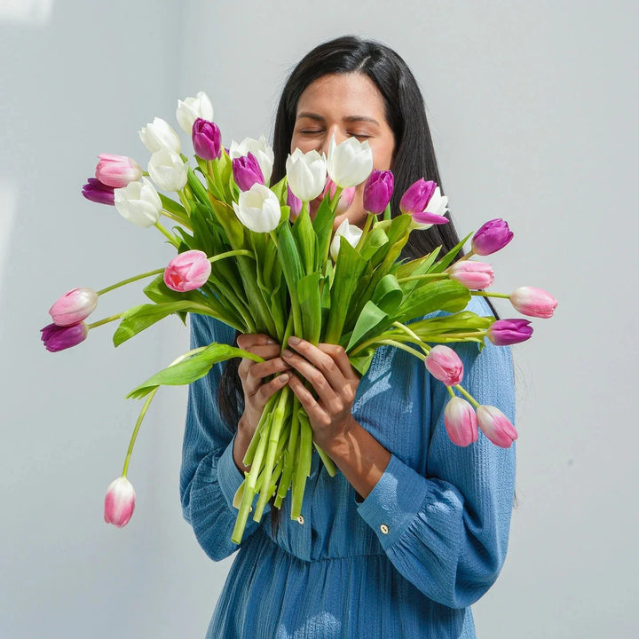 Painted Skies Tulip Bouquet in Elegant Glass Vase