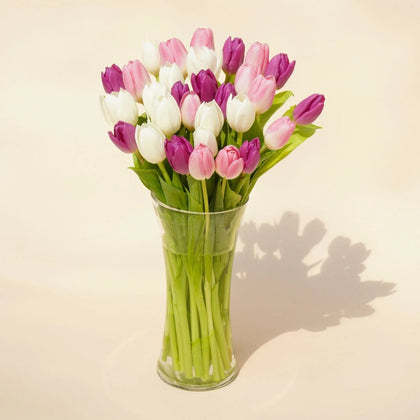 Painted Skies Tulip Bouquet in Elegant Glass Vase
