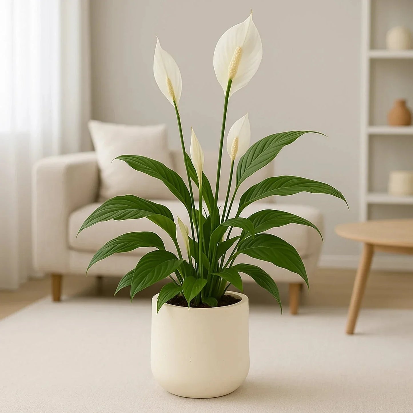 زنبق السلام الأنيق في وعاء سيراميك أبيض حديث - ديكور داخلي مثالي