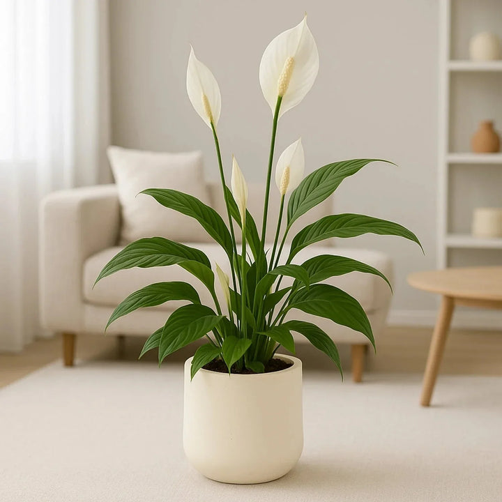 زنبق السلام الأنيق في وعاء سيراميك أبيض حديث - ديكور داخلي مثالي