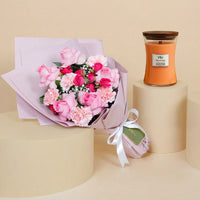 Elegant Pink Floral Bouquet with Manuka Nectar Scented Candle Gift Set
