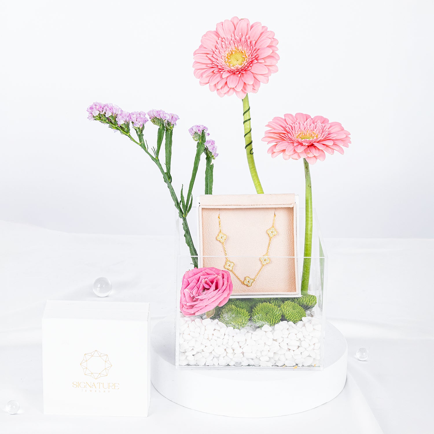Pink Floral Gift Box with Silver Bracelet