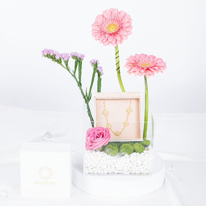 Elegant Pink Floral Gift Box with Silver Bracelet and Cubic Zirconia