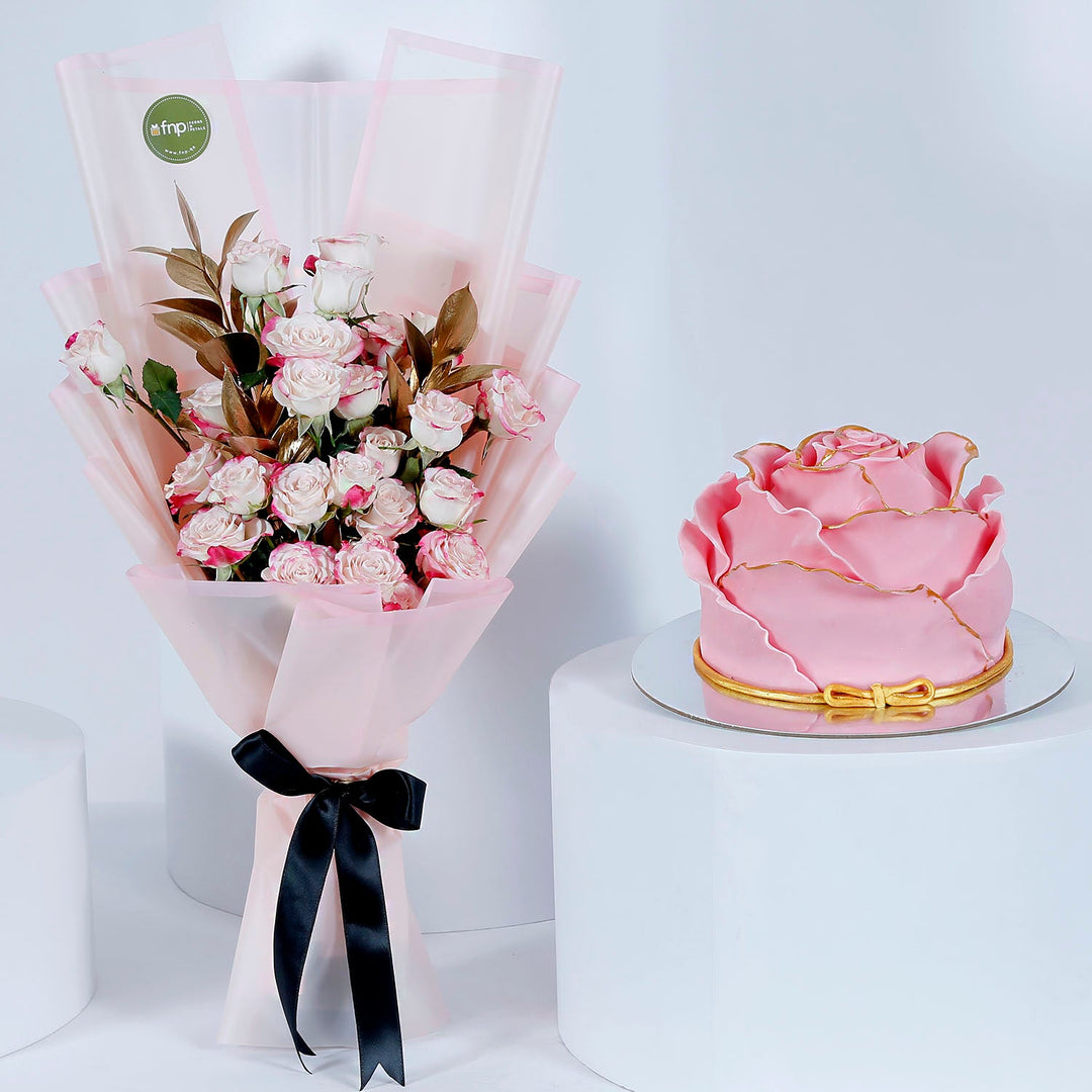 Elegant Pink Floral and Chocolate Cake Delight Combo