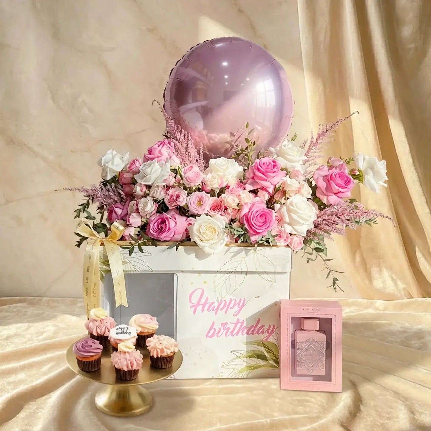 Luxurious Pink Pearl Celebration Box with Roses, Cupcakes & Perfume
