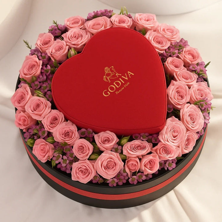 Exquisite Pink Rose and Godiva Chocolate Gift Set
