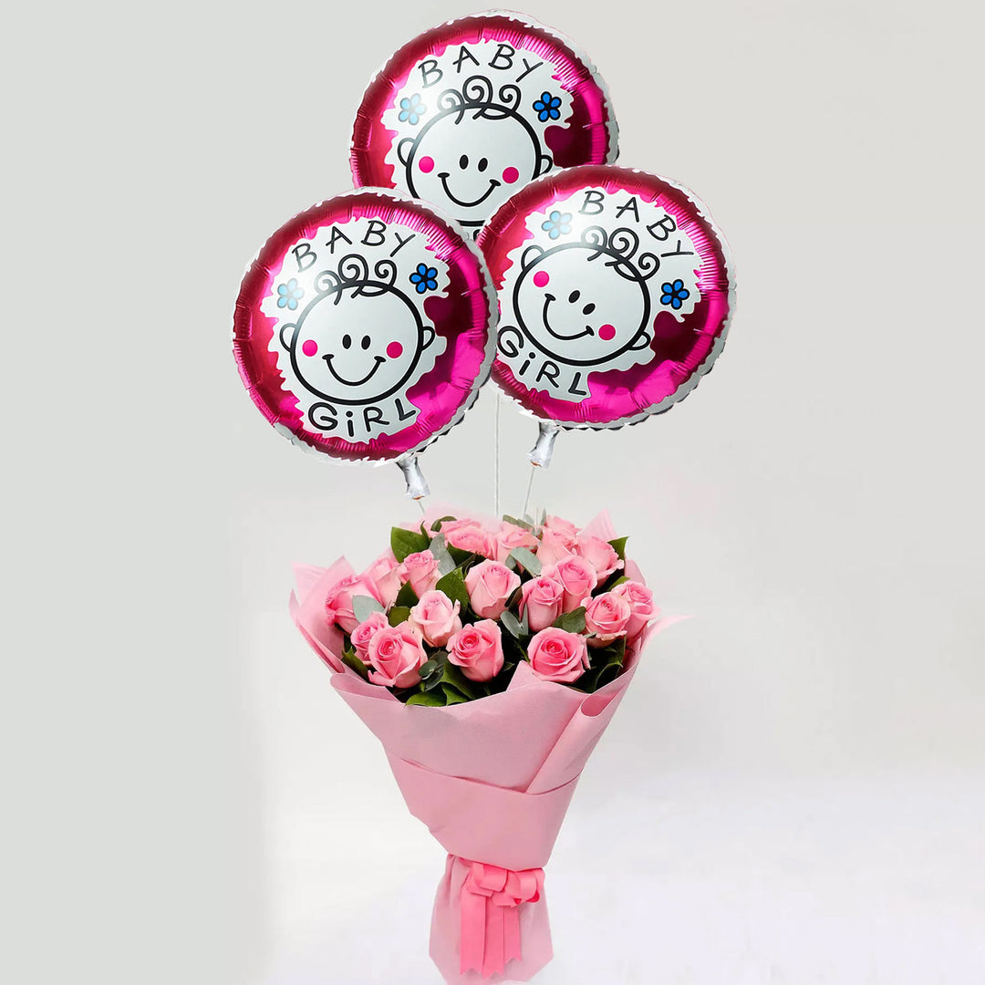 احتفل بقدوم جديد: باقة ورود وردية مع بالونات 'إنها فتاة'