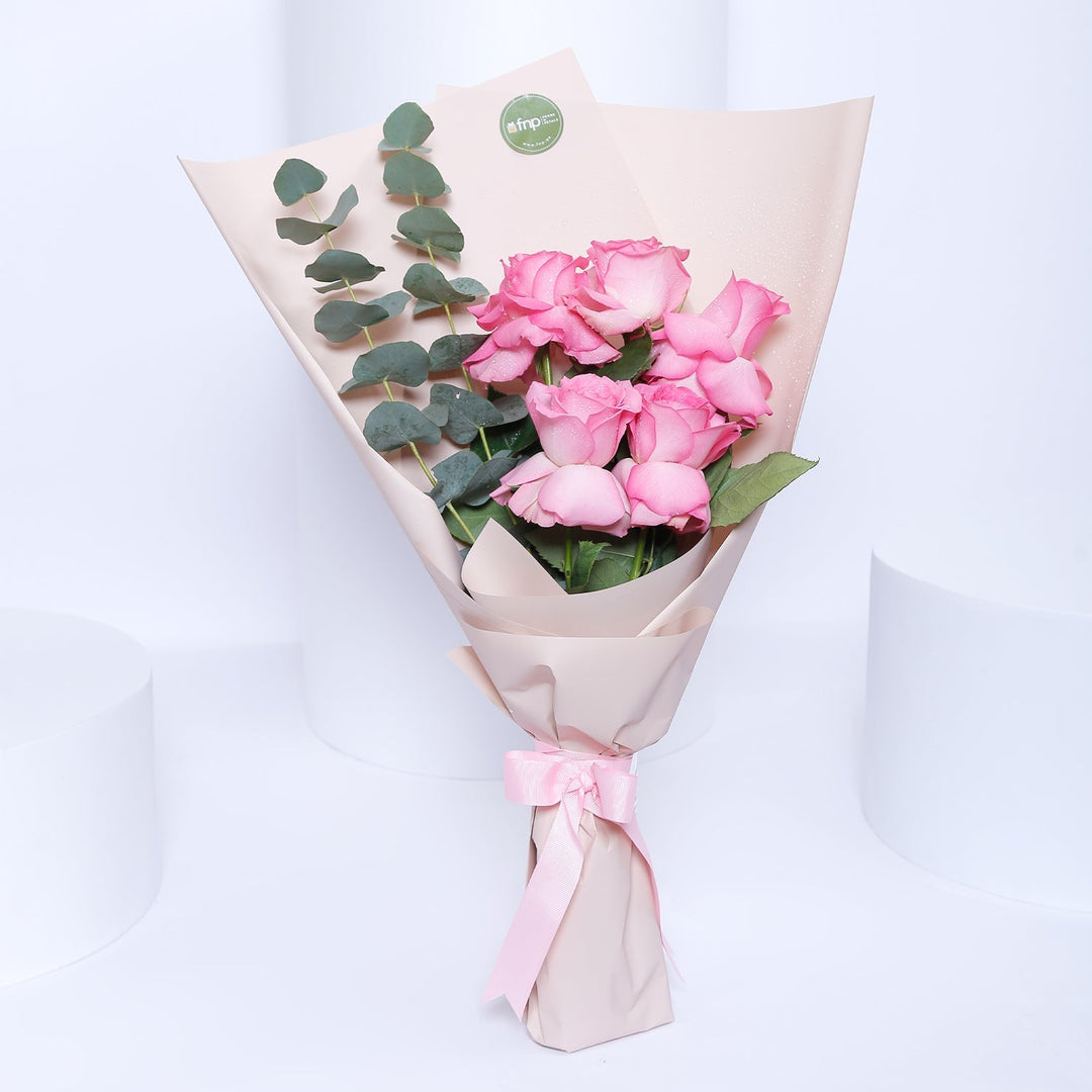 Elegant Pink Roses Graduation Bouquet with Eucalyptus and Acrylic Topper