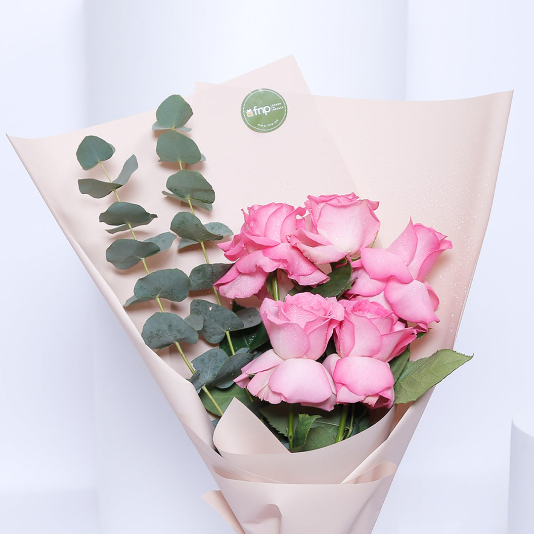 Elegant Pink Roses Graduation Bouquet with Eucalyptus and Acrylic Topper