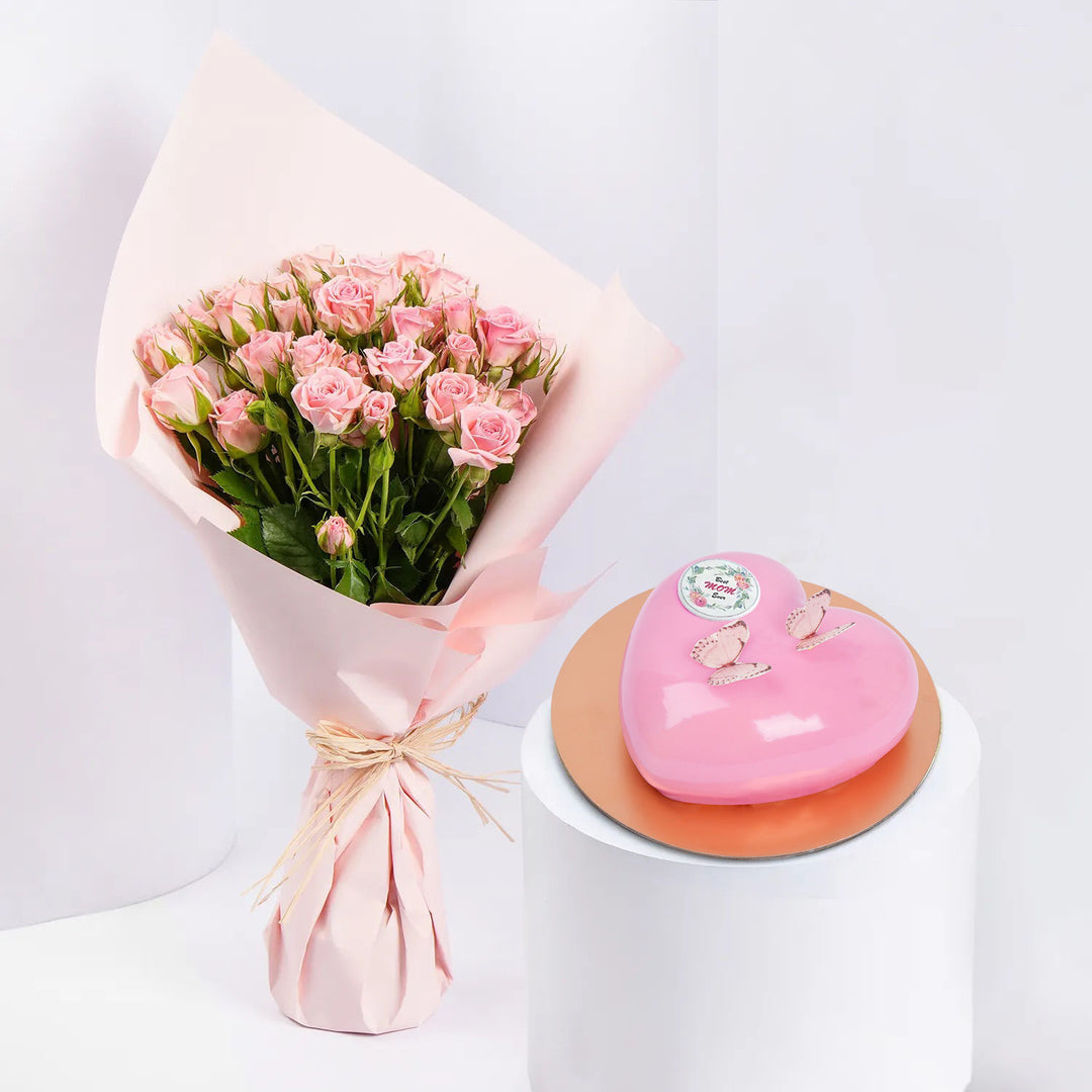 Elegant Pink Spray Roses Bouquet & Heart-Shaped Chocolate Cake