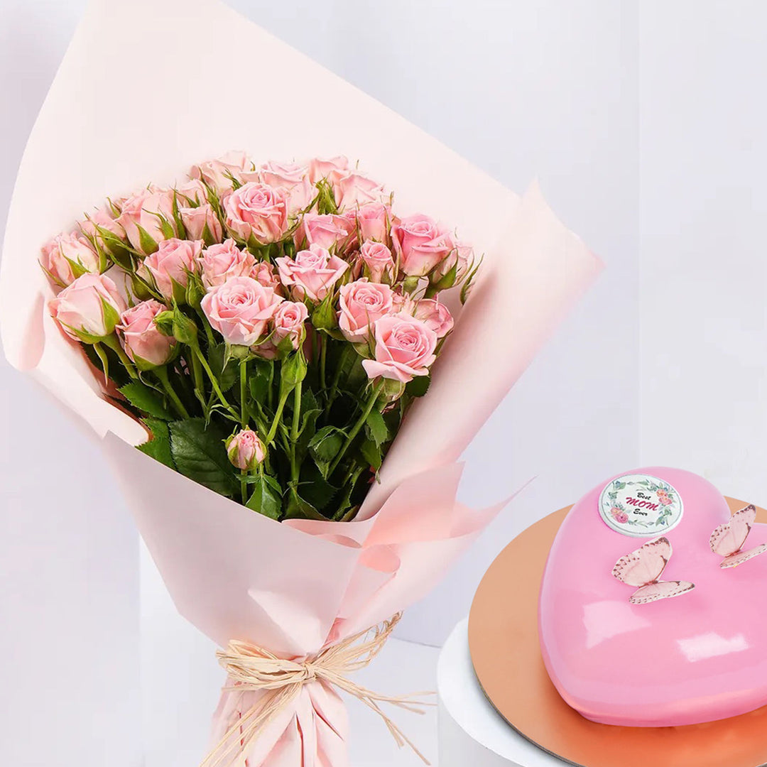 Elegant Pink Spray Roses Bouquet & Heart-Shaped Chocolate Cake