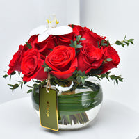 Elegant Poetic Ode to Love: Red Roses and White Orchid Arrangement