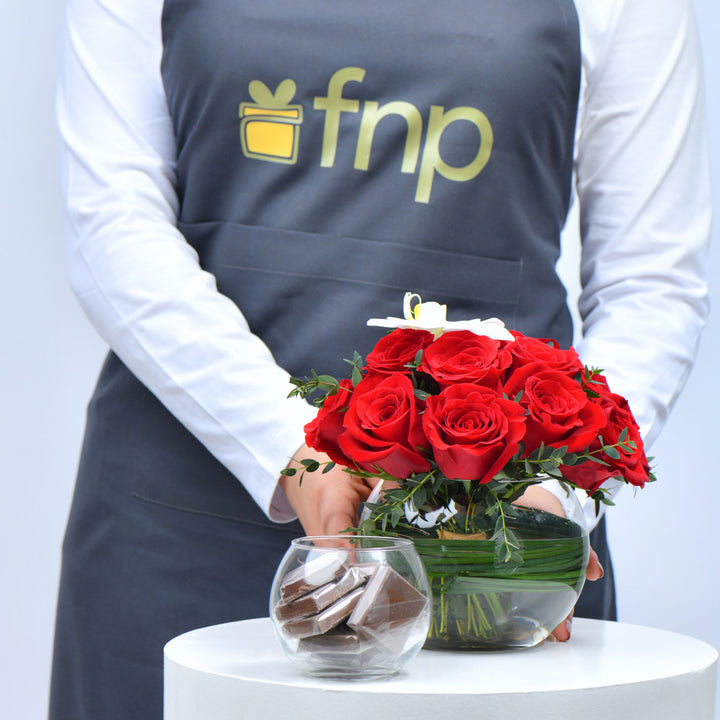 Elegant Poetic Ode to Love: Red Roses and White Orchid Arrangement