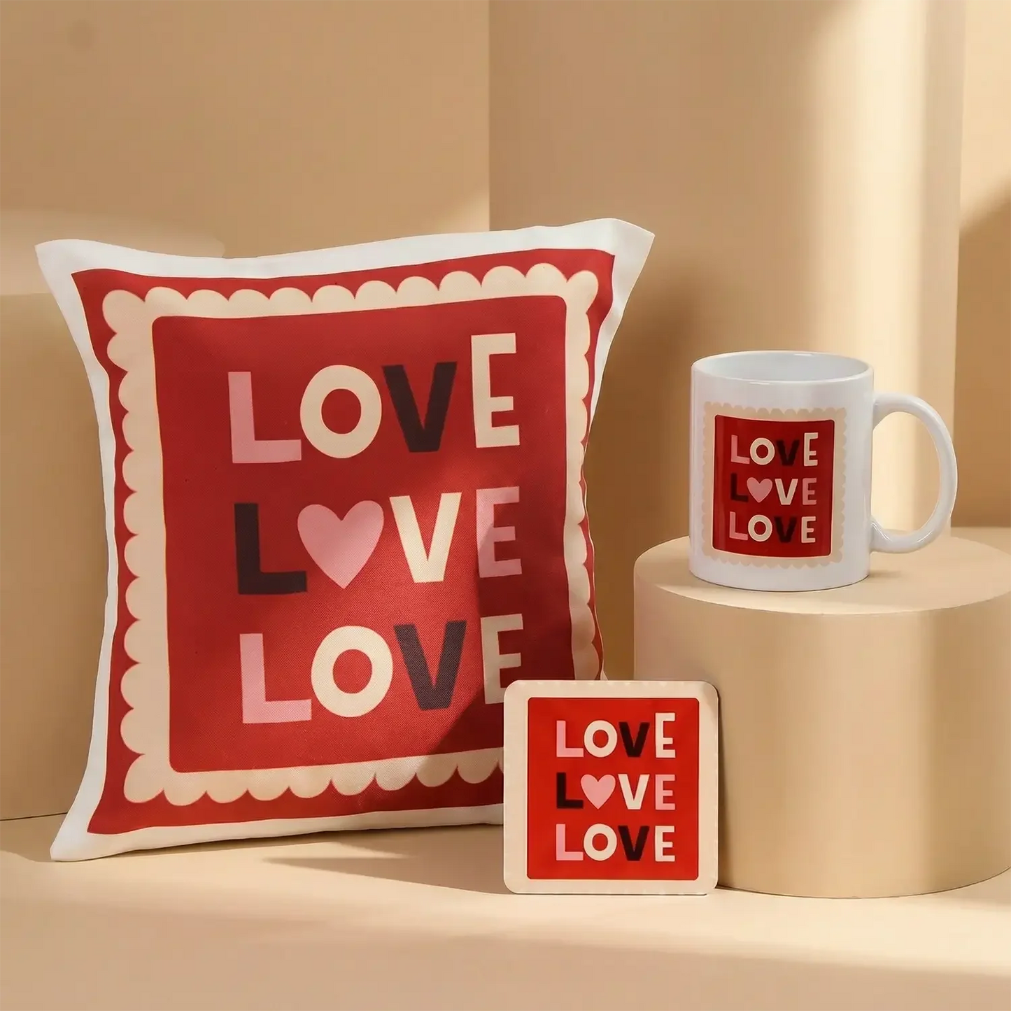 Charming Love Gift Combo: Cushion, Mug & Coaster Set