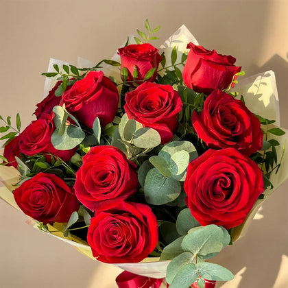 Promise of Love: Elegant Red Rose Bouquet with Eucalyptus