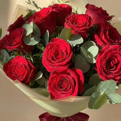 Promise of Love: Elegant Red Rose Bouquet with Eucalyptus