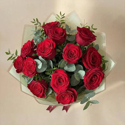 Promise of Love: Elegant Red Rose Bouquet with Eucalyptus