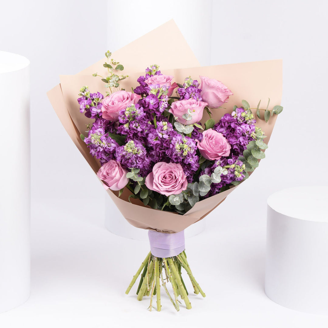 Elegant Purple Flower Bouquet with Roses and Eucalyptus